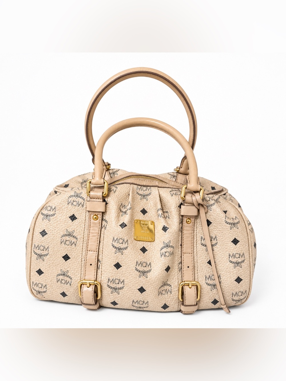 MCM Visetos Boston Satchel Bag Beige Monogram Leather Gold Hardware